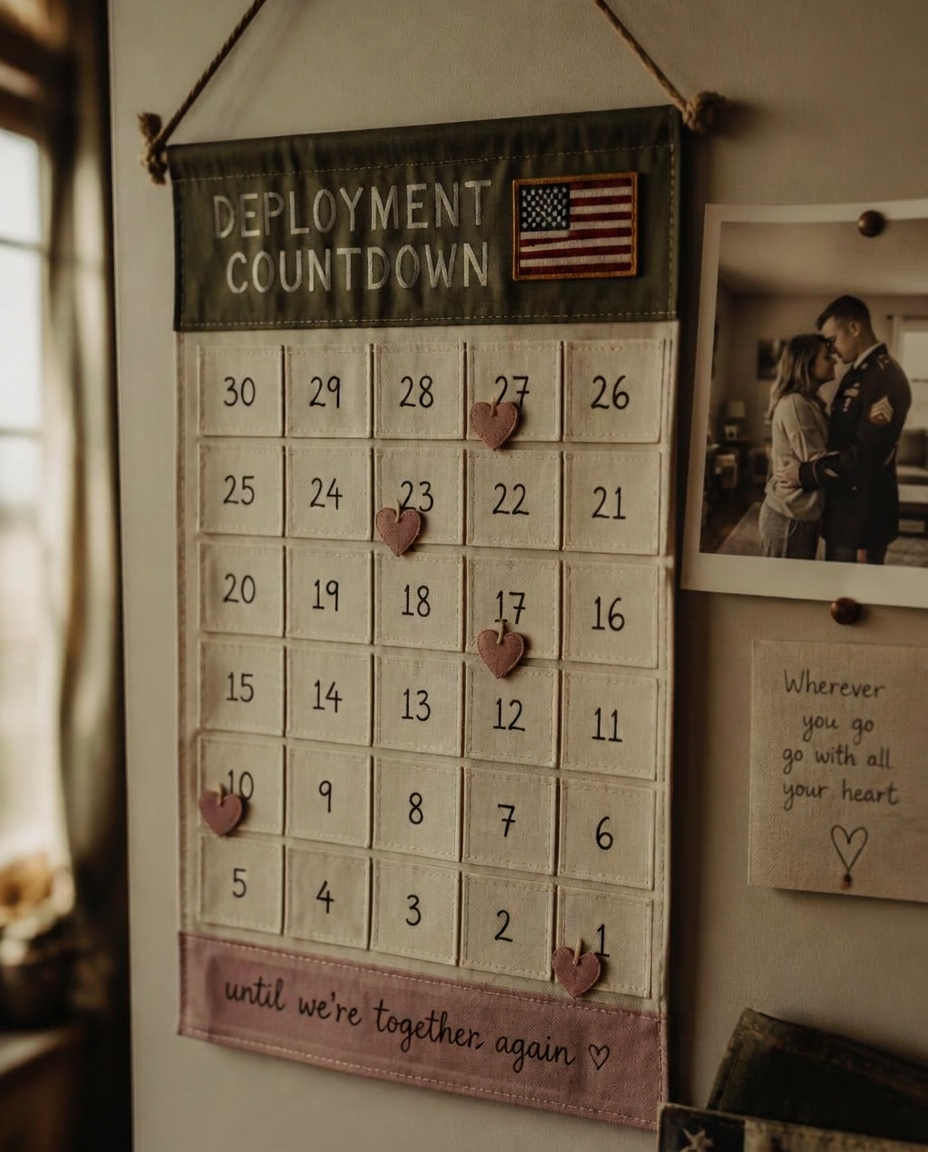 A deployment countdown calendar hanging beside a small photograph of a service member and spouse